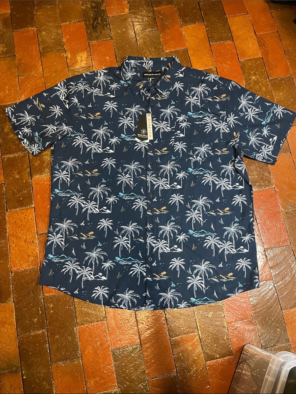 MEN SHIRT 2X Molokai Surf Co short sleeve button up navy tropical print NWT